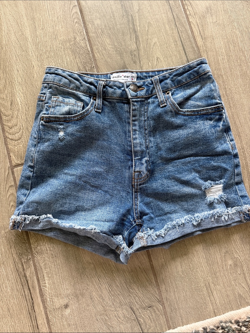 Vanilla Star Distressed High-Rise Denim Shorts - Blue